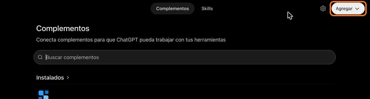 Botón Agregar en Complementos de ChatGPT