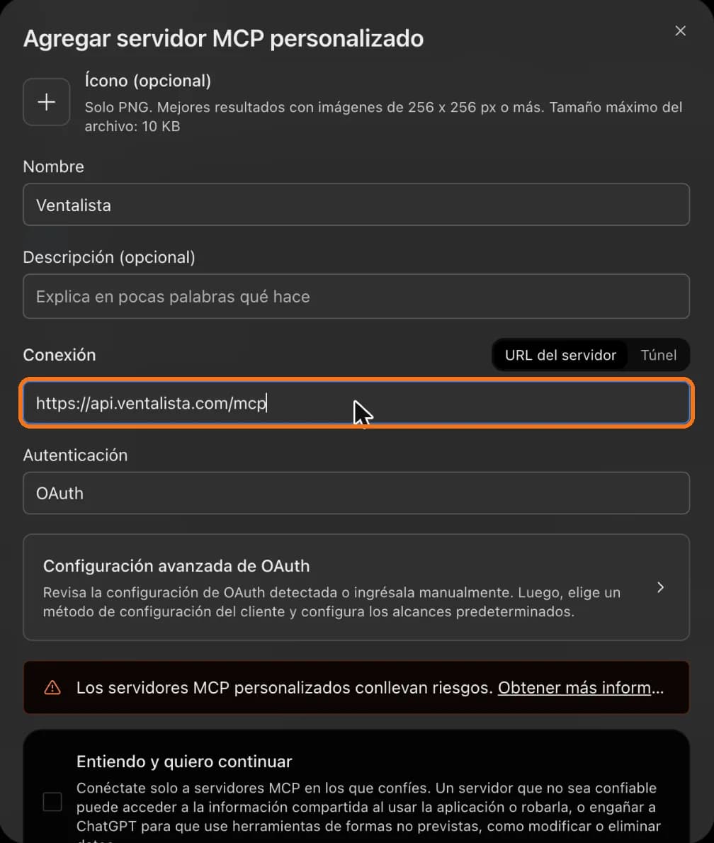 Formulario de ChatGPT con la dirección del conector