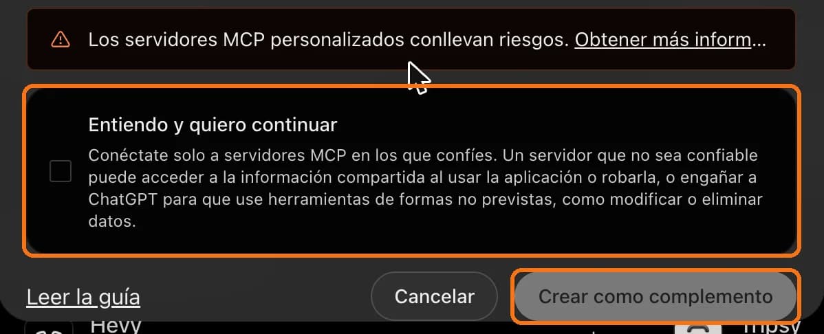 Casilla de confirmación y botón Crear como complemento
