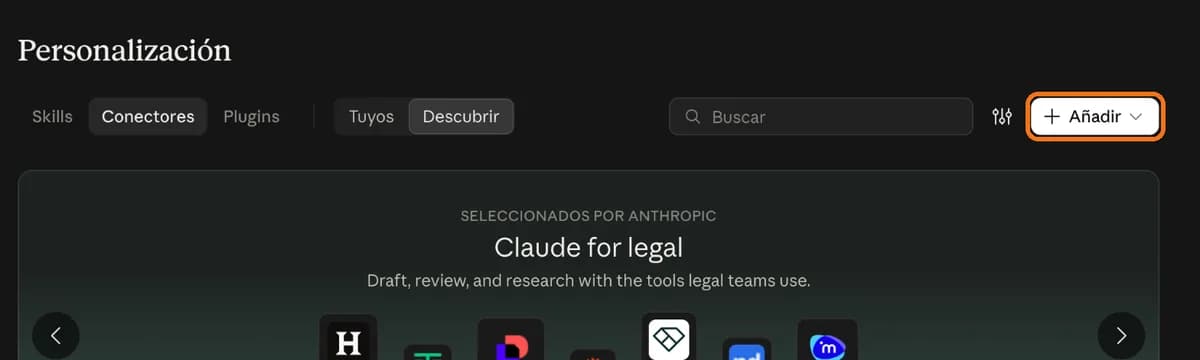 Botón Añadir en la sección Conectores de Claude