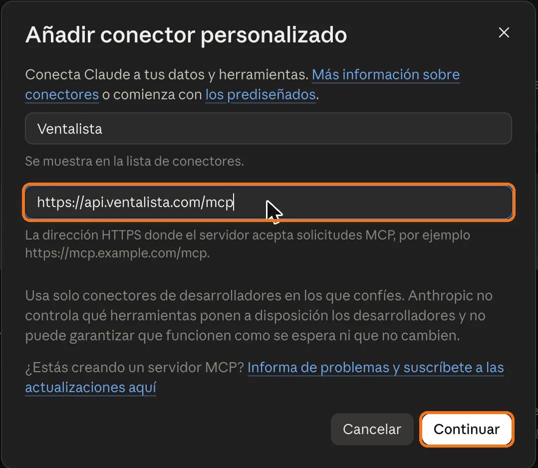 Formulario de Claude con la dirección del conector