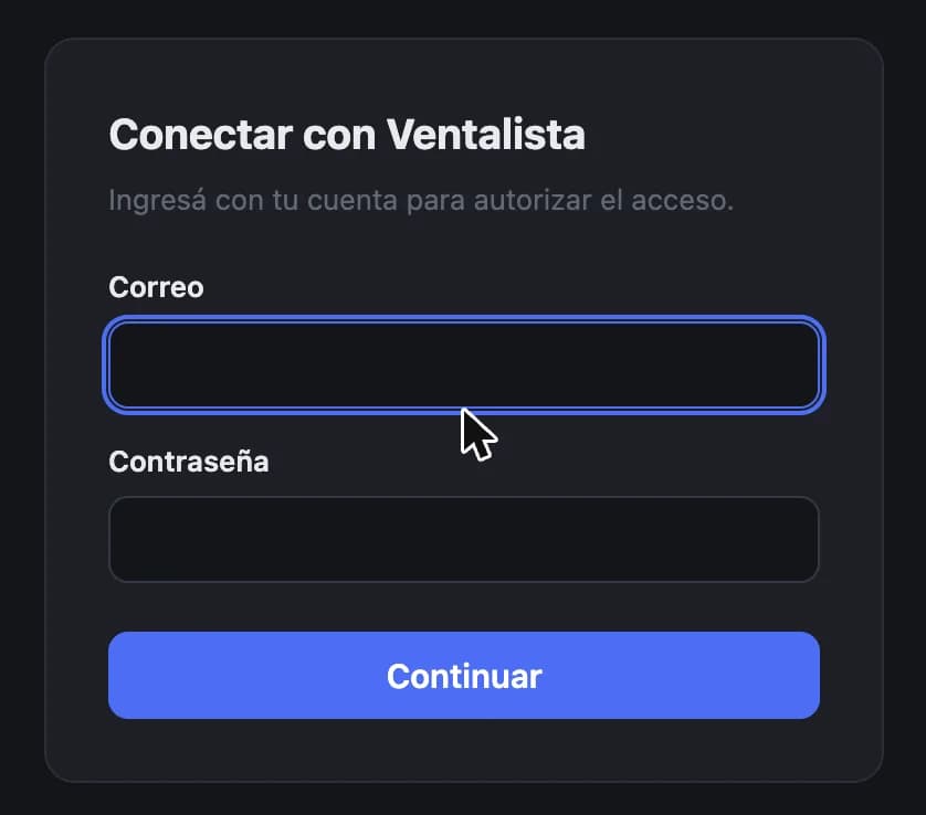 Pantalla Conectar con Ventalista