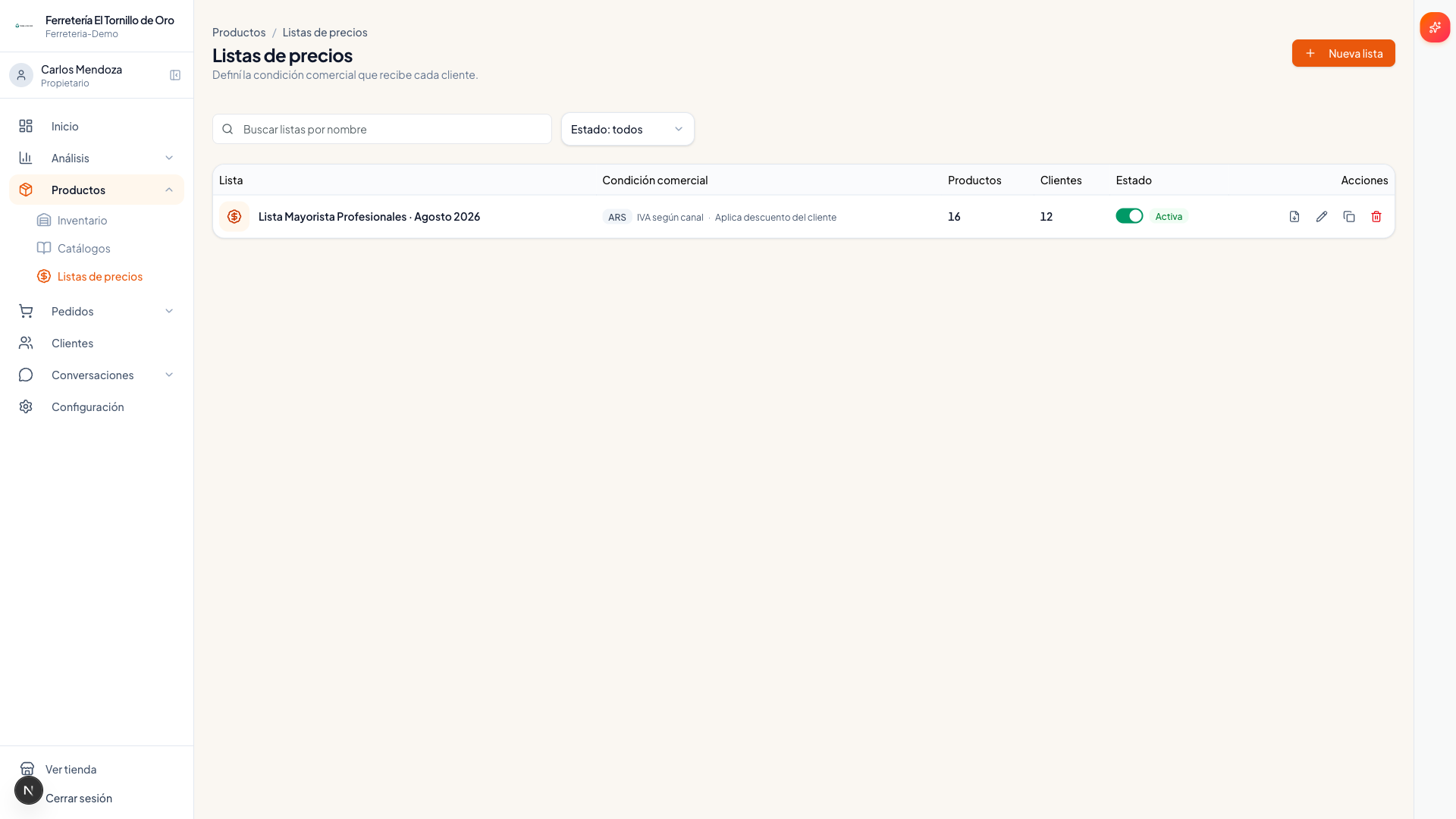 Configuración real de listas de precios mayoristas en Ventalista
